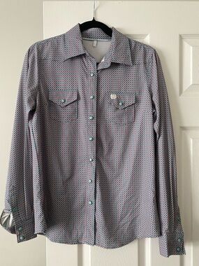 Ariat Cinch Geometric Print Button-Up Shirt in Teal, Pink, White